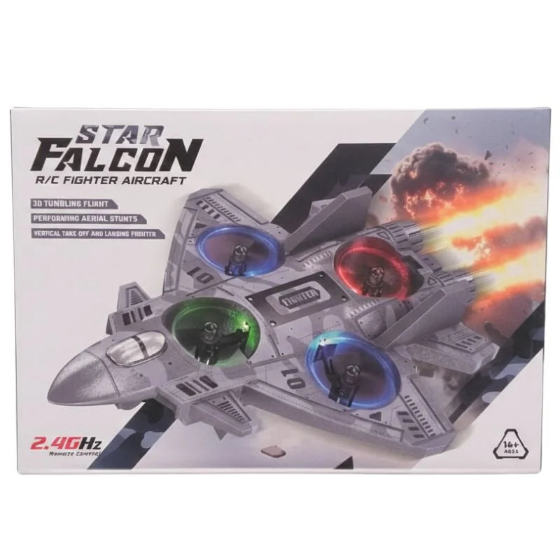 Box of Star Falcon R/C Fighter Aircraft with colorful lights and explosion graphic on a white background