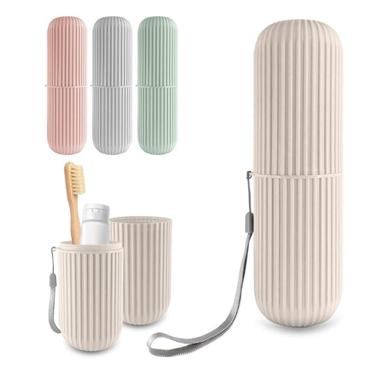 Set of travel toothbrush holders in various colors with a strap on a white background