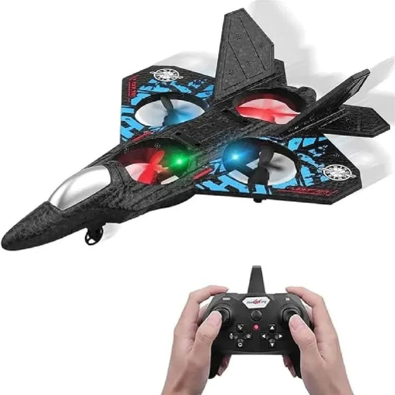 Toy jet with colorful lights and a remote control held by hands on a white background