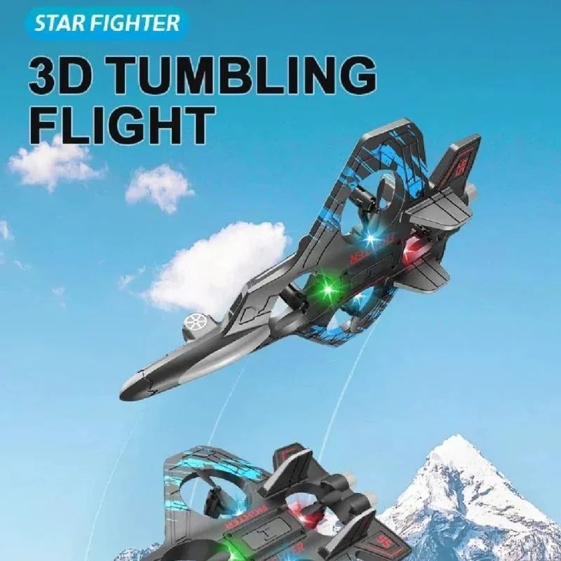 Toy starfighter with 3D tumbling flight feature against a blue sky with clouds and mountains.