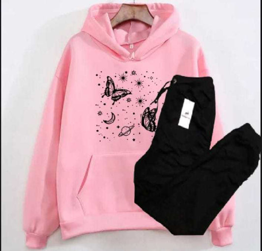 NEW ARRIVAL Stylish Moon And Star Printed Pink Hoodie & Black Trouser Tracksuit For Women And Girls Thick & Fleece Fabric Full Sleeves Rib Trendy Fashion Wear Workout Gym Wear Winter Elegant Track Suit