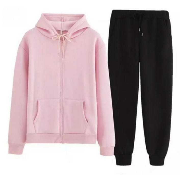 NEW ARRIVAL-Zipper Tracksuit Stylish Plain Pink Hoodie & Black Trouser Tracksuit For Women And Girls Thick & Fleece Fabric Full Sleeves Rib Trendy Fashion Wear Workout Gym Wear Winter Elegant Track Suit