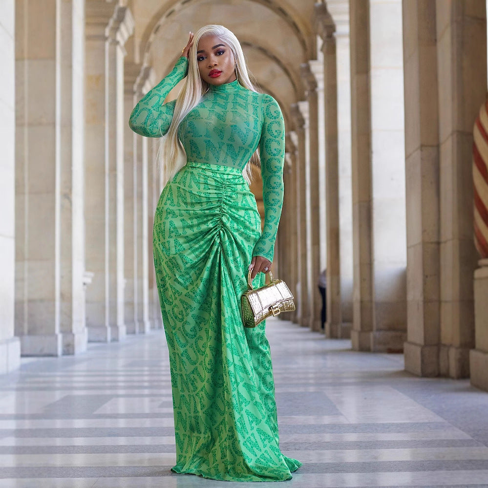 Women's Pleating Slim Fit Long Dress Two-piece Suit