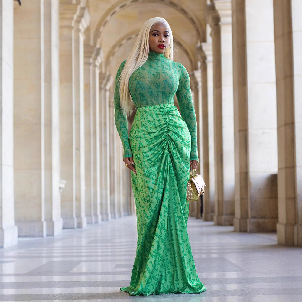 Women's Pleating Slim Fit Long Dress Two-piece Suit