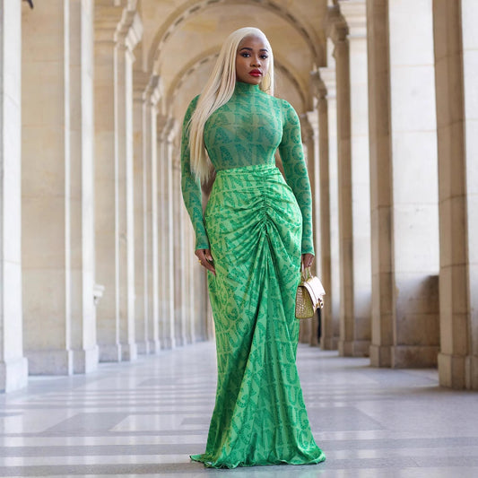 Women's Pleating Slim Fit Long Dress Two-piece Suit