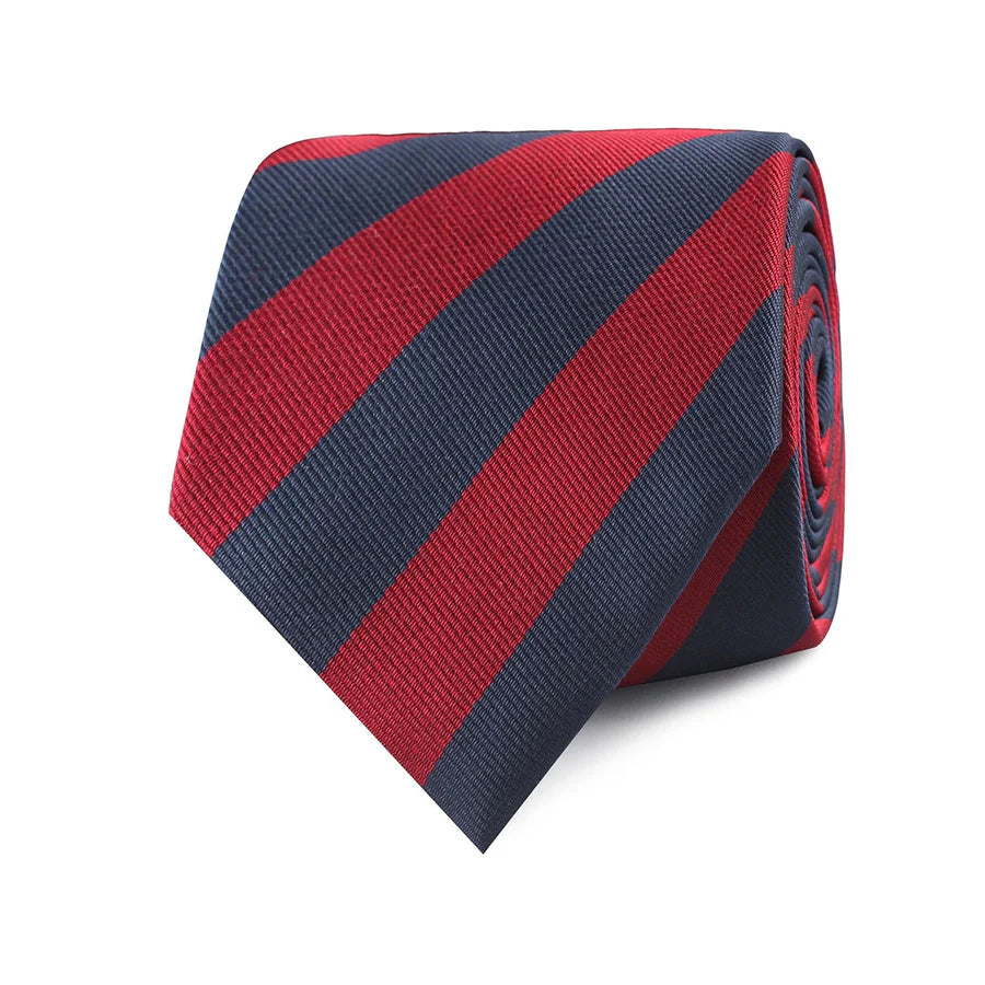 Red and navy striped tie on a white background