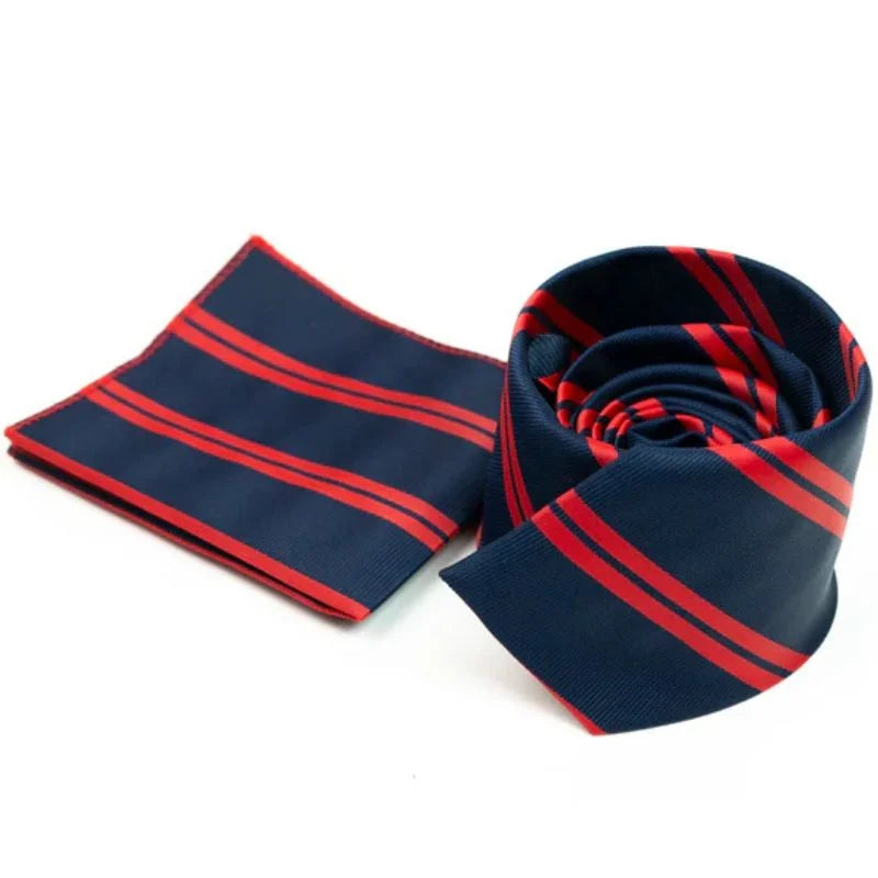 Navy blue tie with red stripes on a white background