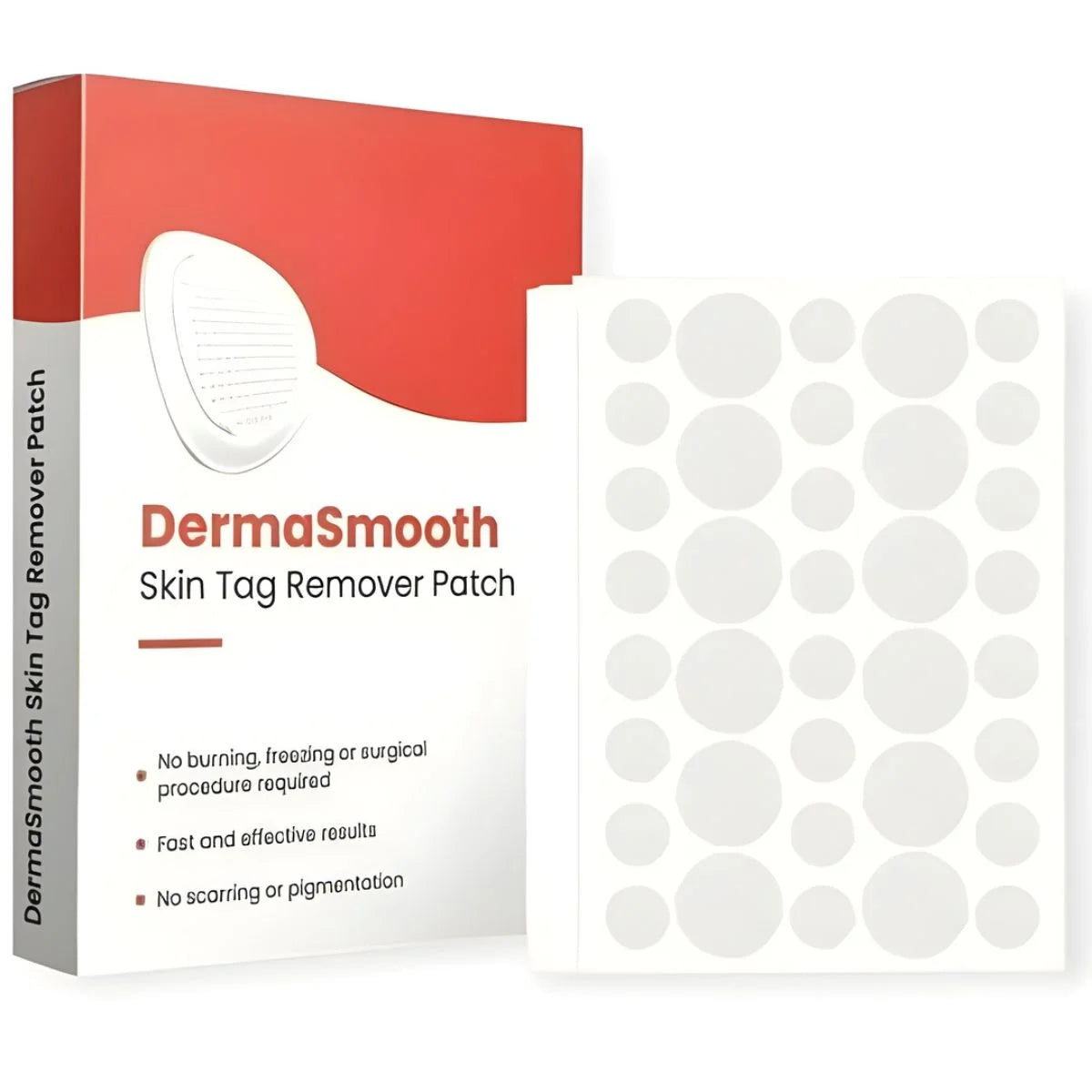 DermaSmooth skin tag remover patch packaging with patches on a white background