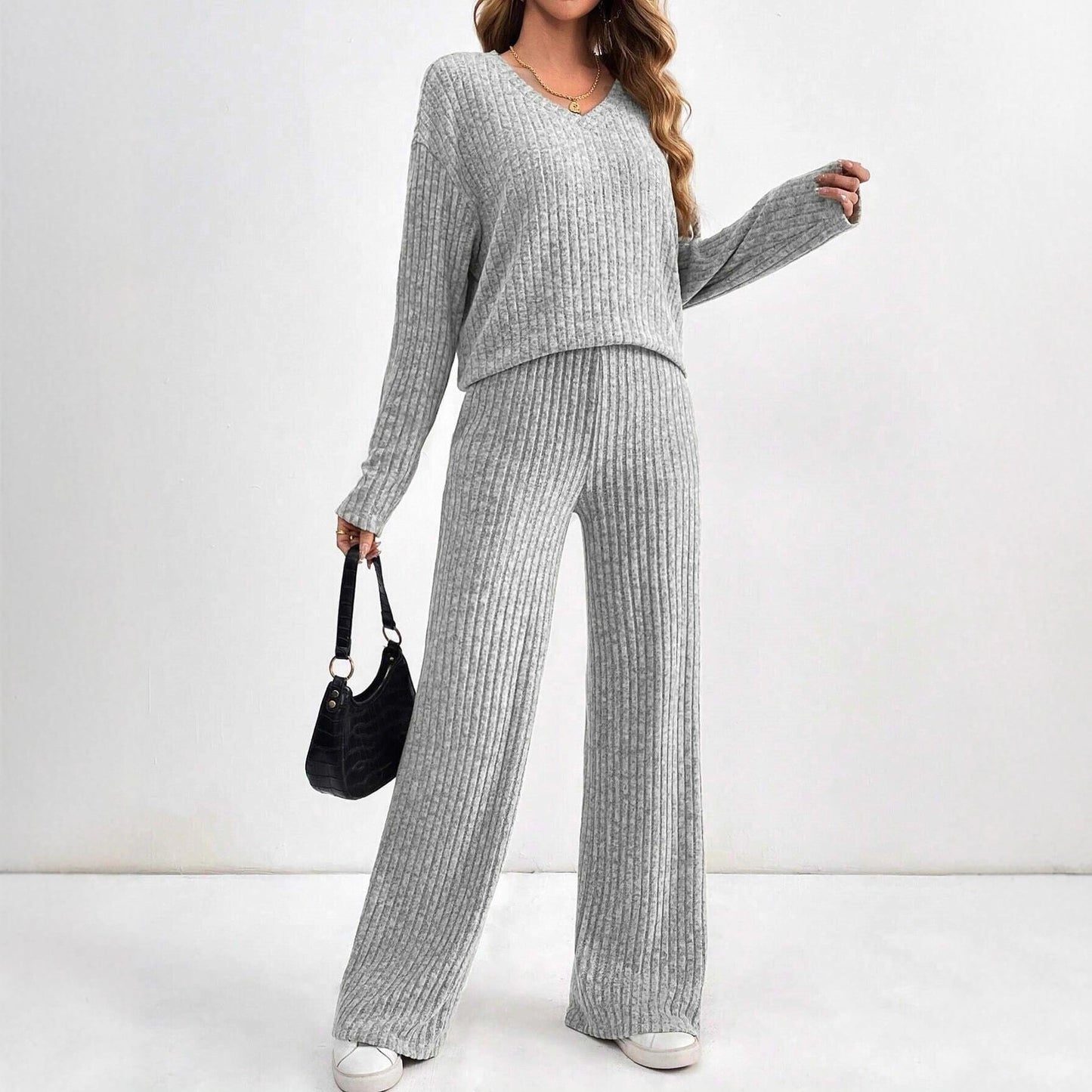 Women's Fashion Casual Straight Pants Temperament V-neck Sunken Stripe Knitting Suit