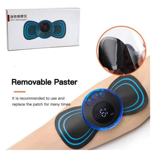 Electromagnetic therapy device with digital display on skin, packaging in the background