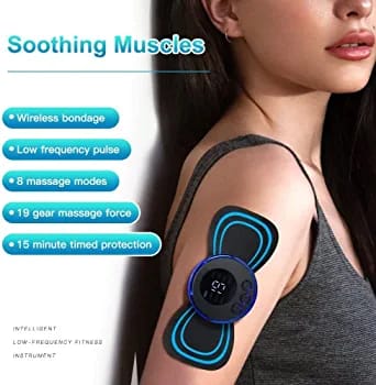 Person wearing a wireless massage device on their shoulder with text highlighting features.