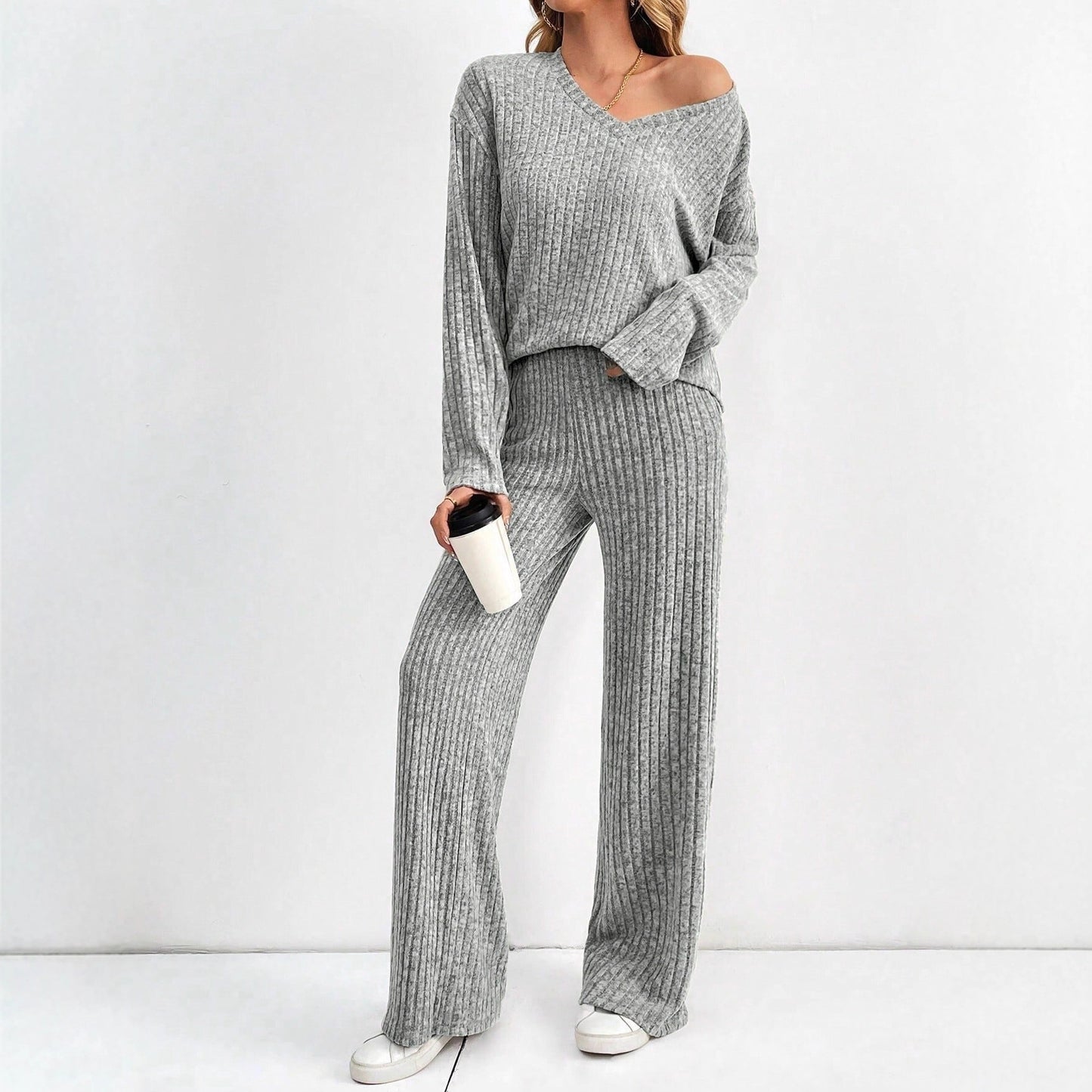 Women's Fashion Casual Straight Pants Temperament V-neck Sunken Stripe Knitting Suit