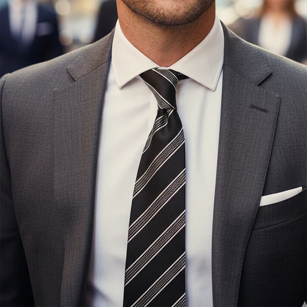 Man wearing a gray suit with a black and white striped tie.