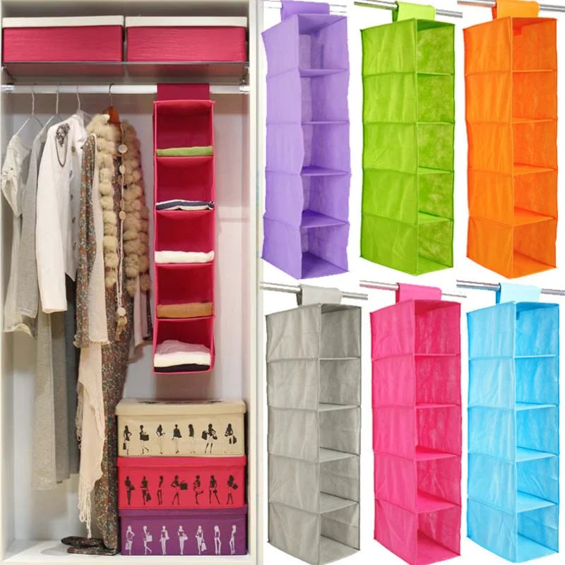 Clothing storage solutions with hanging shelves and boxes in various colors.