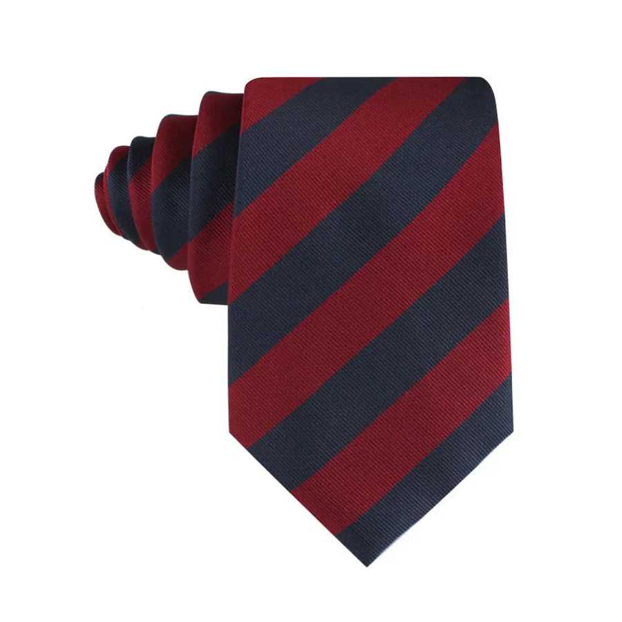 Red and navy striped tie on a white background