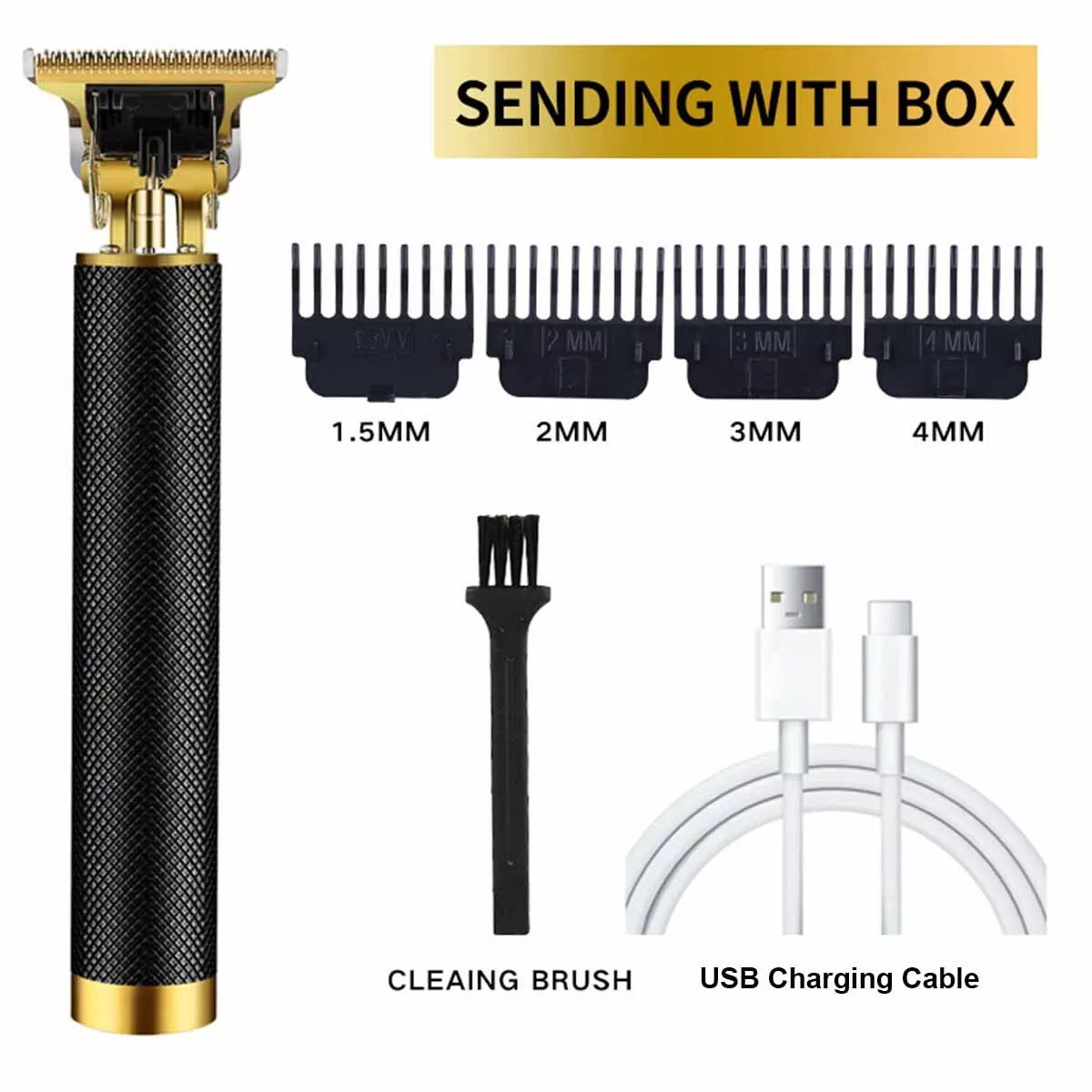 Hair trimmer set with attachments and charging cable on a white background