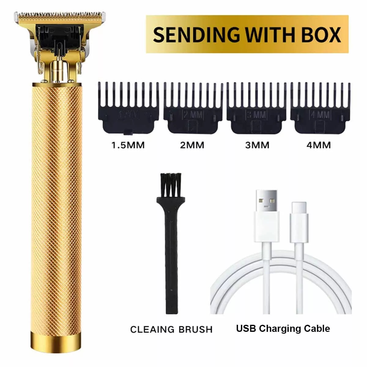 Gold hair trimmer set with attachments and charging cable on a white background