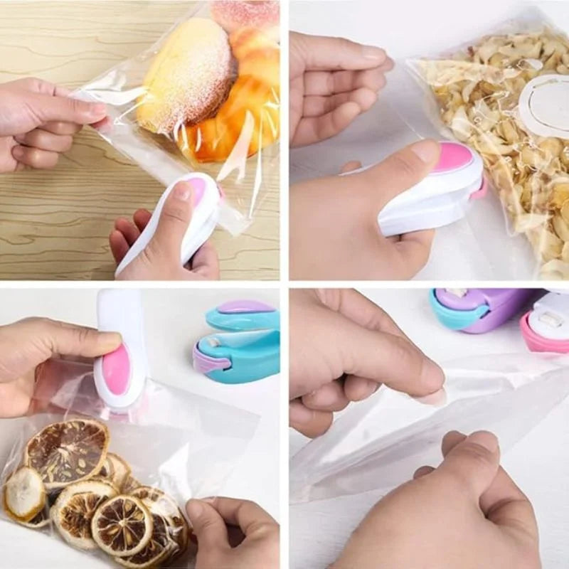 Hands using a small white and pink tool to seal plastic bags with various items inside.