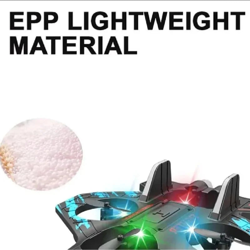 Toy drone with colorful lights next to a ball labeled 'EPP Lightweight Material' on a white background