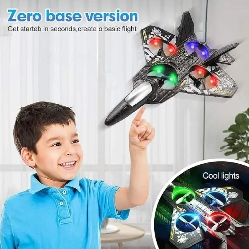 Child with a toy airplane featuring colorful lights, with text 'Zero base version' and 'Cool lights'.