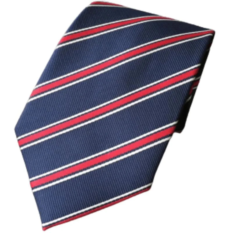 Navy blue tie with red and white stripes on a white background