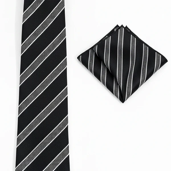 Black and white striped tie and pocket square set on a white background