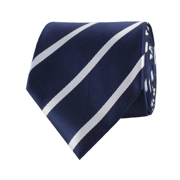 Navy blue tie with white stripes on a white background
