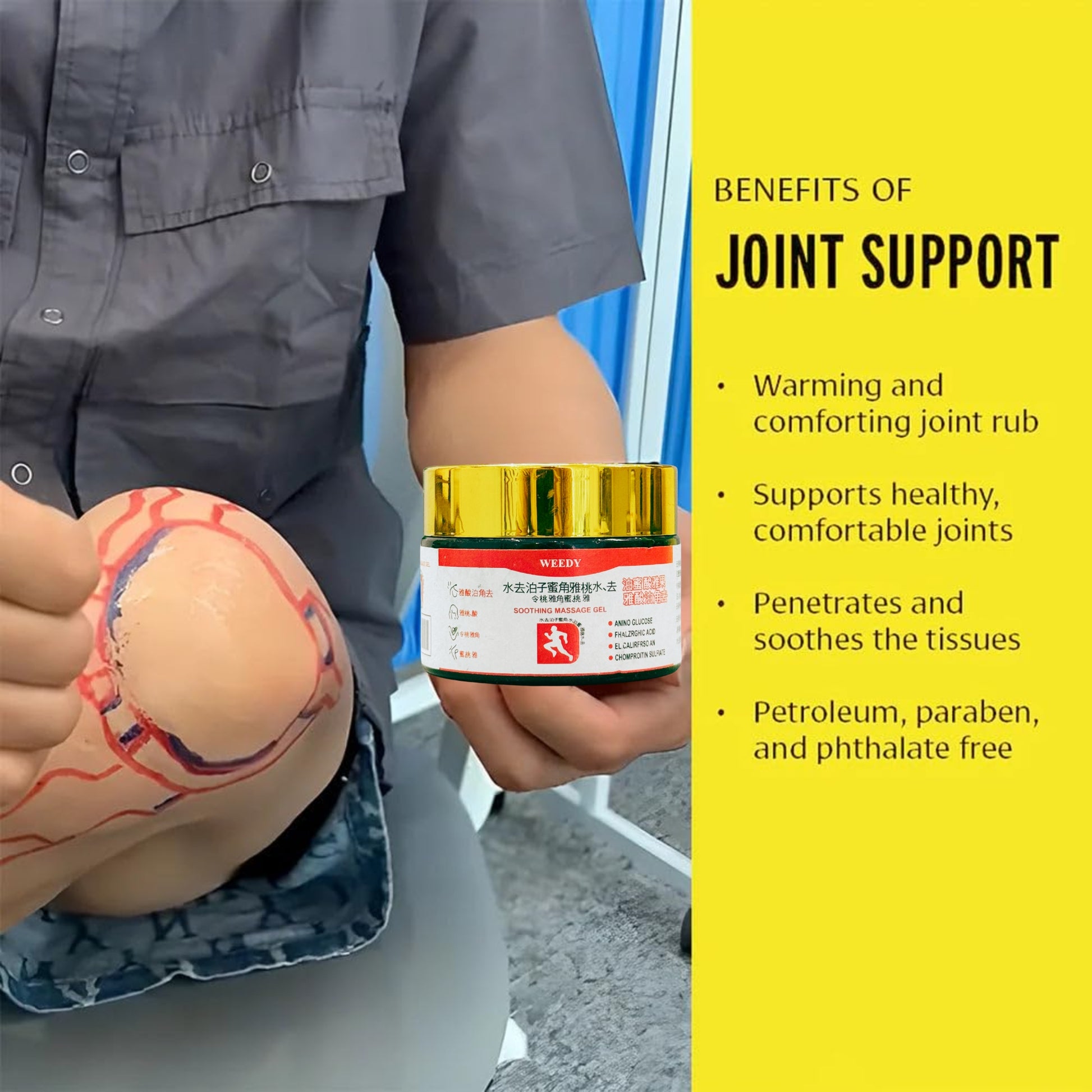 weedy soothing| Relief from Muscle Tension | 100g
Person holding a container of joint support cream with text on benefits.