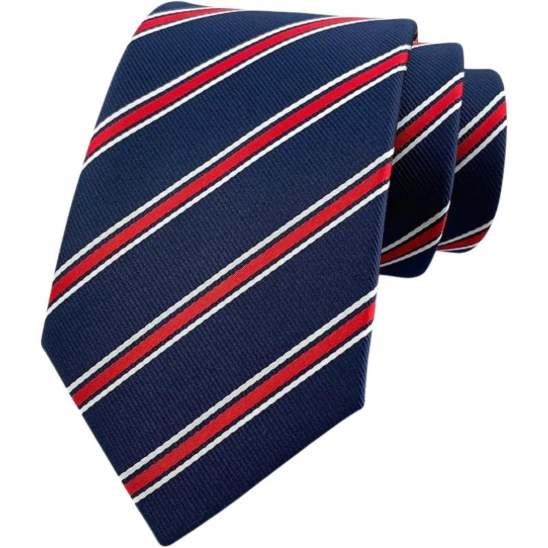 Navy blue tie with red and white stripes on a white background