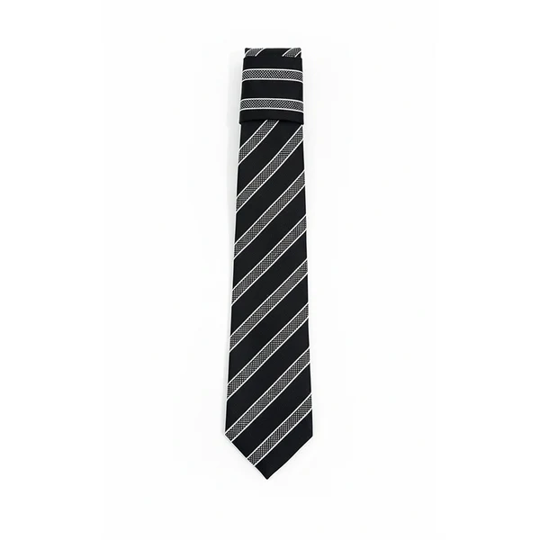 Black tie with white diagonal stripes on a white background